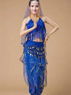 Belly Dance Costumes Sequin Fringe Rose Polka Dot Belly Dancer Tulle Belly Dance Wear For Women