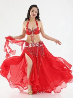 Belly Dance Costumes Split Rhinestones Ruffle Chiffon Women Performance Costume