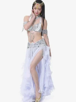 Belly Dance Costumes Split Rhinestones Ruffle Chiffon Women Performance Costume