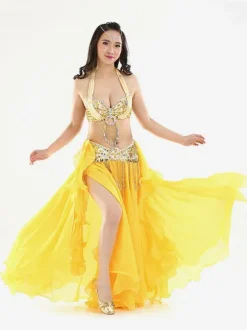 Belly Dance Costumes Split Rhinestones Ruffle Chiffon Women Performance Costume