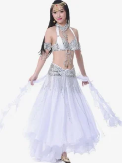 Belly Dance Costumes Split Rhinestones Ruffle Chiffon Women Performance Costume