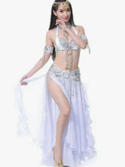 Belly Dance Costumes Split Rhinestones Ruffle Chiffon Women Performance Costume