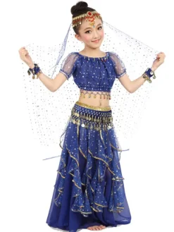 Belly Dance Costume Yellow Chiffon Sleeveless Indian Bollywood Dancing Costumes