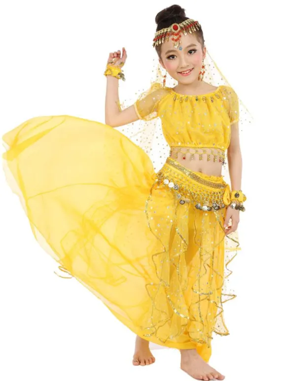 Belly Dance Costume Yellow Chiffon Sleeveless Indian Bollywood Dancing Costumes