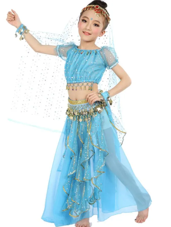 Belly Dance Costume Yellow Chiffon Sleeveless Indian Bollywood Dancing Costumes