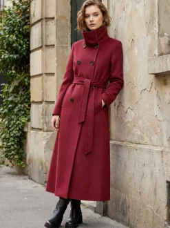 Belted Long Woolen coat with Double-breasted and high collar For Women 2026