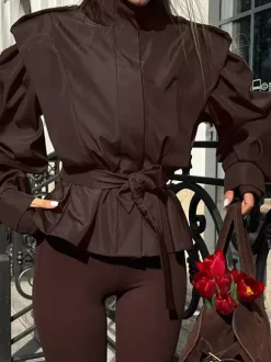 Belted Trench Jacket For Women - Chic High Neck Epaulette Design Slim Fit Peplum - Quiet Luxury Spring Streetwear 2026