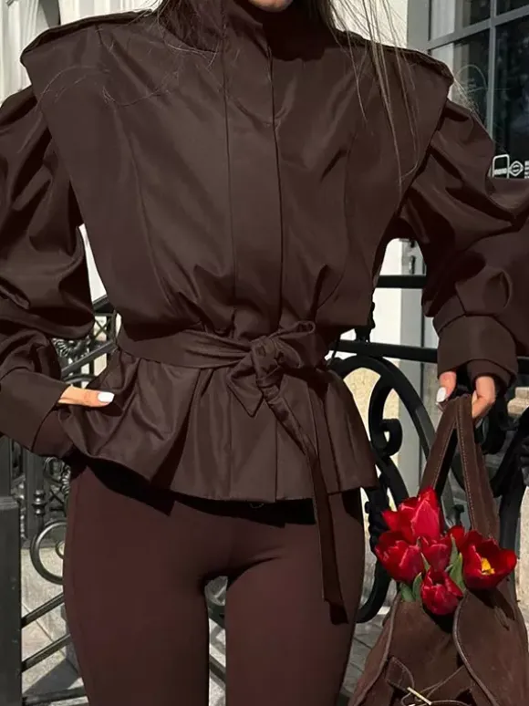 Belted Trench Jacket For Women - Chic High Neck Epaulette Design Slim Fit Peplum - Quiet Luxury Spring Streetwear 2026