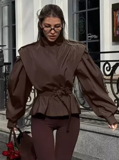 Belted Trench Jacket For Women - Chic High Neck Epaulette Design Slim Fit Peplum - Quiet Luxury Spring Streetwear 2026
