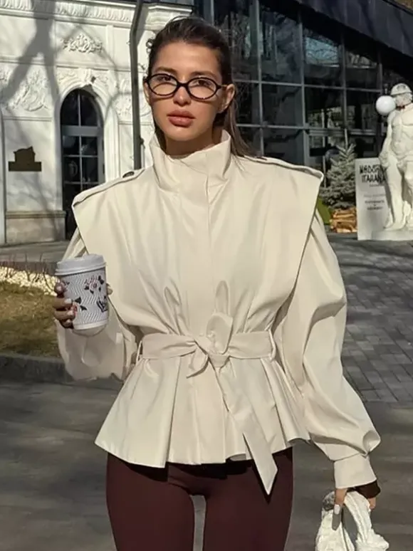 Belted Trench Jacket For Women - Chic High Neck Epaulette Design Slim Fit Peplum - Quiet Luxury Spring Streetwear 2026