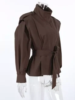 Belted Trench Jacket For Women - Chic High Neck Epaulette Design Slim Fit Peplum - Quiet Luxury Spring Streetwear 2026