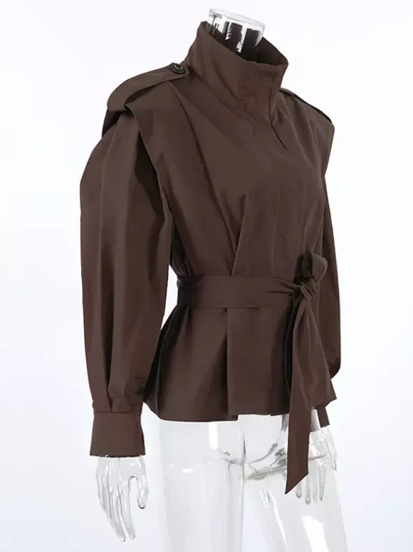 Belted Trench Jacket For Women - Chic High Neck Epaulette Design Slim Fit Peplum - Quiet Luxury Spring Streetwear 2026