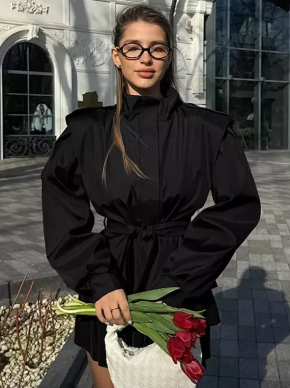 Belted Trench Jacket For Women - Chic High Neck Epaulette Design Slim Fit Peplum - Quiet Luxury Spring Streetwear 2026
