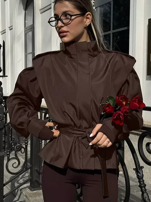 Belted Trench Jacket For Women - Chic High Neck Epaulette Design Slim Fit Peplum - Quiet Luxury Spring Streetwear 2026