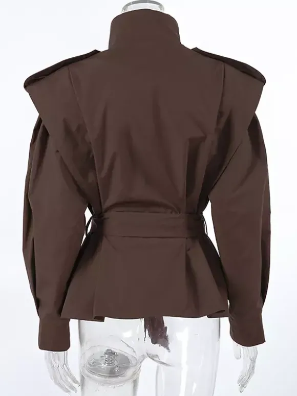 Belted Trench Jacket For Women - Chic High Neck Epaulette Design Slim Fit Peplum - Quiet Luxury Spring Streetwear 2026