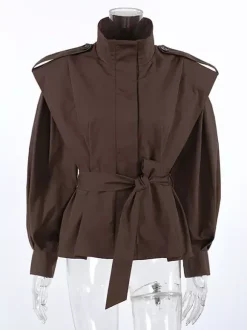 Belted Trench Jacket For Women - Chic High Neck Epaulette Design Slim Fit Peplum - Quiet Luxury Spring Streetwear 2026