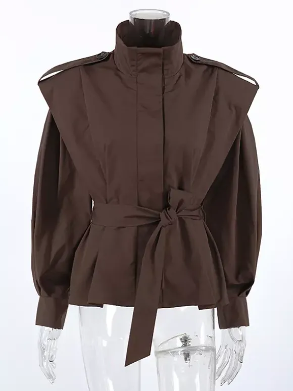 Belted Trench Jacket For Women - Chic High Neck Epaulette Design Slim Fit Peplum - Quiet Luxury Spring Streetwear 2026