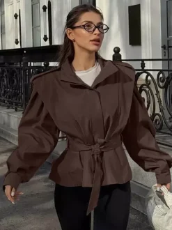 Belted Trench Jacket For Women - Chic High Neck Epaulette Design Slim Fit Peplum - Quiet Luxury Spring Streetwear 2026