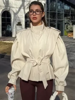 Belted Trench Jacket For Women - Chic High Neck Epaulette Design Slim Fit Peplum - Quiet Luxury Spring Streetwear 2026