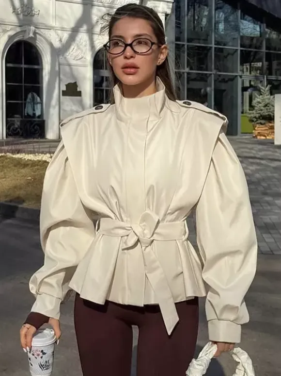 Belted Trench Jacket For Women - Chic High Neck Epaulette Design Slim Fit Peplum - Quiet Luxury Spring Streetwear 2026