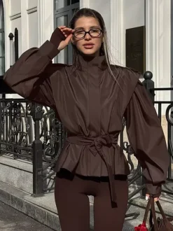 Belted Trench Jacket For Women - Chic High Neck Epaulette Design Slim Fit Peplum - Quiet Luxury Spring Streetwear 2026