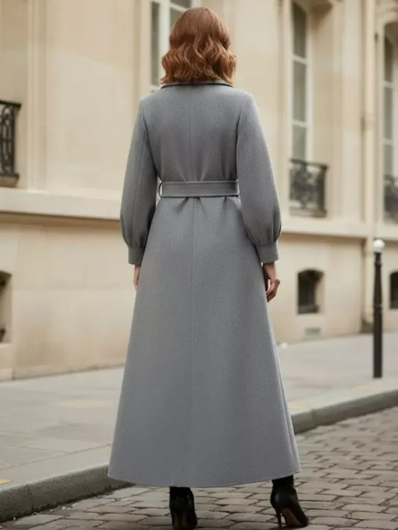 Belted Double-Breasted Woolen Full-Length Coat With Balloon Sleeves For Women 2026