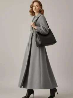 Belted Double-Breasted Woolen Full-Length Coat With Balloon Sleeves For Women 2026