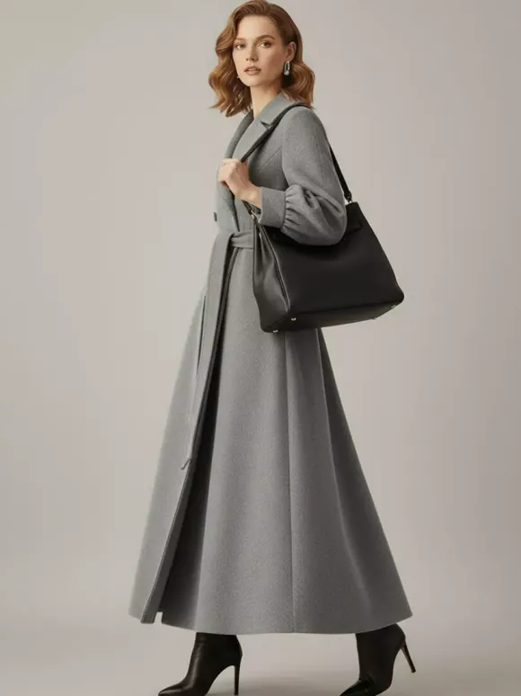 Belted Double-Breasted Woolen Full-Length Coat With Balloon Sleeves For Women 2026