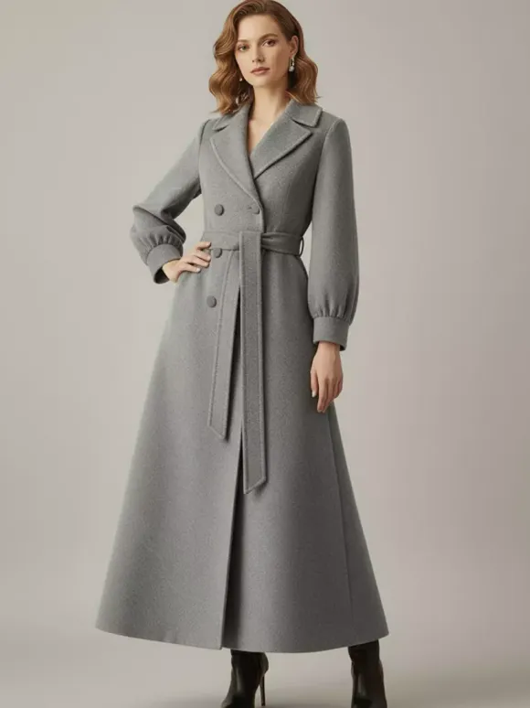 Belted Double-Breasted Woolen Full-Length Coat With Balloon Sleeves For Women 2026