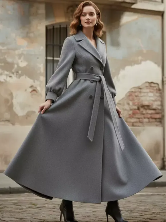 Belted Double-Breasted Woolen Full-Length Coat With Balloon Sleeves For Women 2026