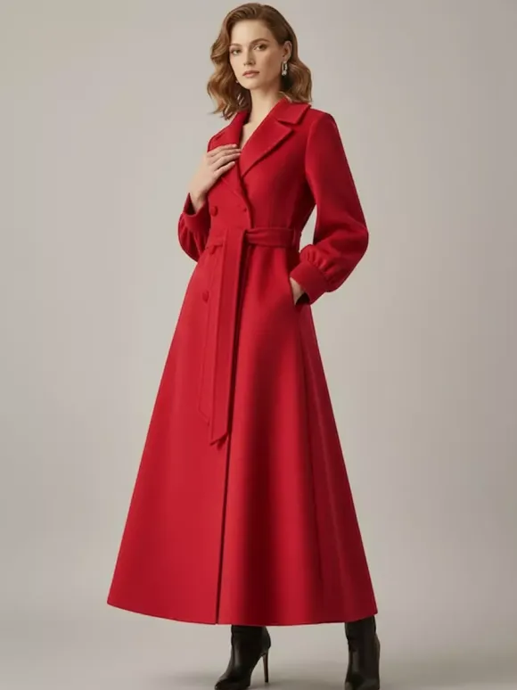 Belted Double-Breasted Woolen Full-Length Coat With Balloon Sleeves For Women 2026