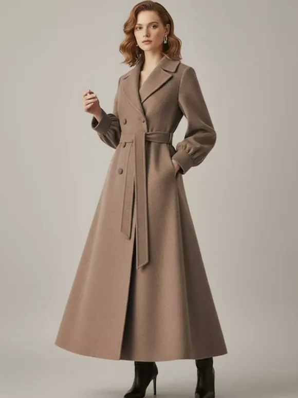 Belted Double-Breasted Woolen Full-Length Coat With Balloon Sleeves For Women 2026