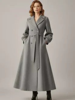 Belted Double-Breasted Woolen Full-Length Coat With Balloon Sleeves For Women 2026