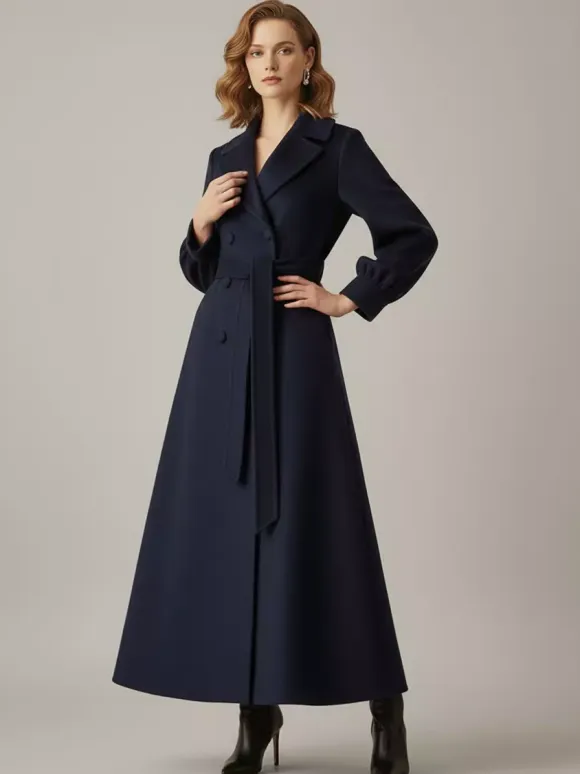 Belted Double-Breasted Woolen Full-Length Coat With Balloon Sleeves For Women 2026