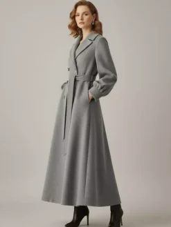 Belted Double-Breasted Woolen Full-Length Coat With Balloon Sleeves For Women 2026