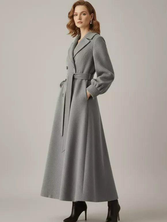 Belted Double-Breasted Woolen Full-Length Coat With Balloon Sleeves For Women 2026