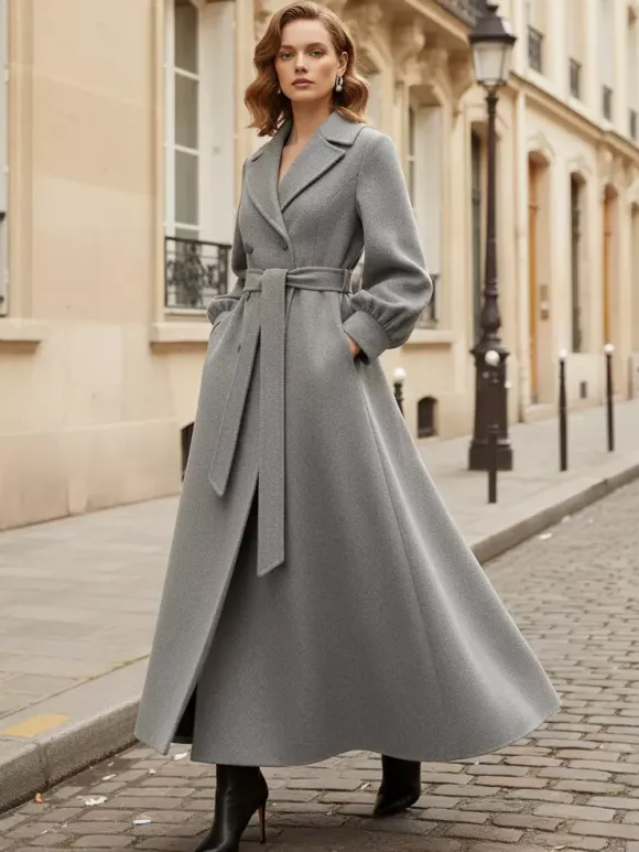 Belted Double-Breasted Woolen Full-Length Coat With Balloon Sleeves For Women 2026