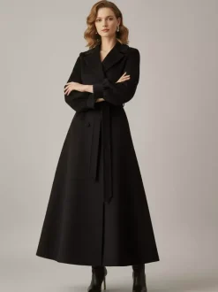 Belted Double-Breasted Woolen Full-Length Coat With Balloon Sleeves For Women 2026