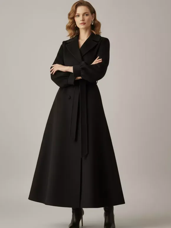 Belted Double-Breasted Woolen Full-Length Coat With Balloon Sleeves For Women 2026