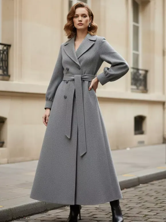 Belted Double-Breasted Woolen Full-Length Coat With Balloon Sleeves For Women 2026