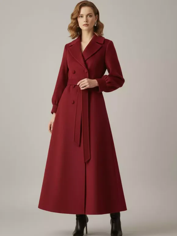 Belted Double-Breasted Woolen Full-Length Coat With Balloon Sleeves For Women 2026