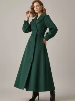Belted Double-Breasted Woolen Full-Length Coat With Balloon Sleeves For Women 2026