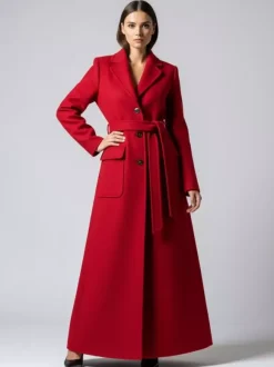 Belted Full Length Maxi Woolen Coat With Lapel And Big Pockets For Women 2026