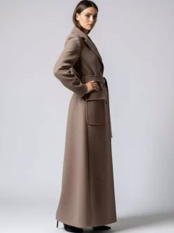 Belted Full Length Maxi Woolen Coat With Lapel And Big Pockets For Women 2026