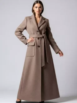 Belted Full Length Maxi Woolen Coat With Lapel And Big Pockets For Women 2026