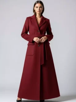 Belted Full Length Maxi Woolen Coat With Lapel And Big Pockets For Women 2026
