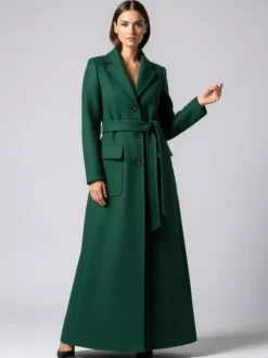 Belted Full Length Maxi Woolen Coat With Lapel And Big Pockets For Women 2026