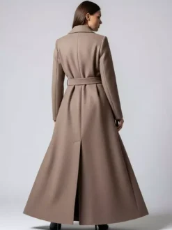 Belted Full Length Maxi Woolen Coat With Lapel And Big Pockets For Women 2026