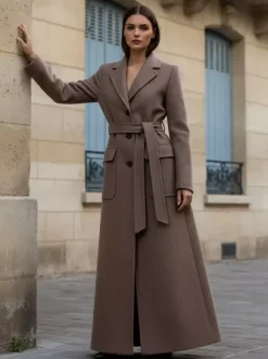 Belted Full Length Maxi Woolen Coat With Lapel And Big Pockets For Women 2026
