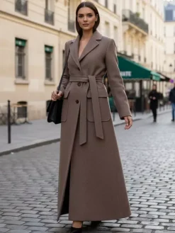 Belted Full Length Maxi Woolen Coat With Lapel And Big Pockets For Women 2026